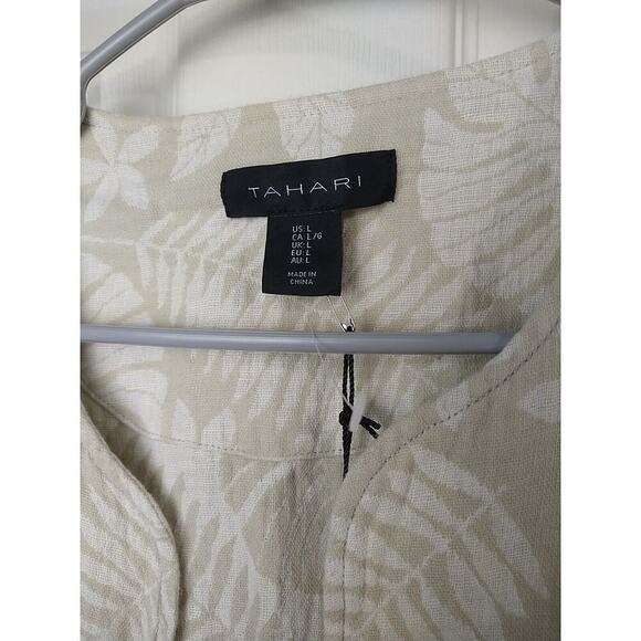 Tahari Linen Blend White Brown Open Long Sleeve Leaf Print Pocket Blazer Size L - Picture 8 of 9